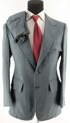 Men's 70's Disco Gray Blue Wool Pinstripe Tailored Flat Front Suit Size 38/40 - Image 1 of 4