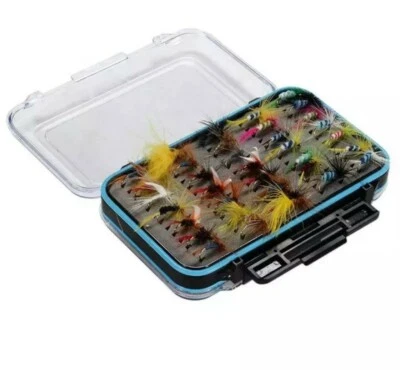 trout salmon fly fishing flies assortment tackle box with 64 fly fishing flies  - Image 1 of 4