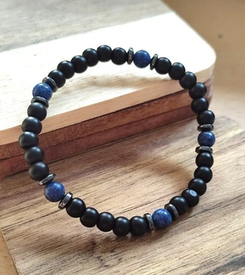 18 cm Edelstein Naturstein matt Onyx Lapislazuli Perlen Armband Kugelarmband - Bild 1 von 2