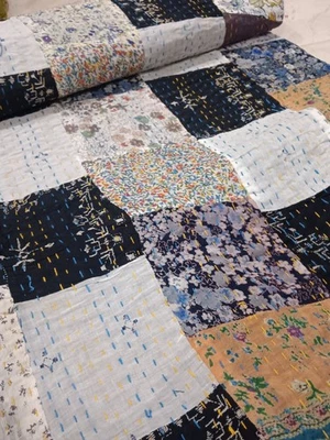 Indian Handmade Patchwork King Size Kantha Quilt Bedspread Throw Cotton Blanket - Image 1 of 4