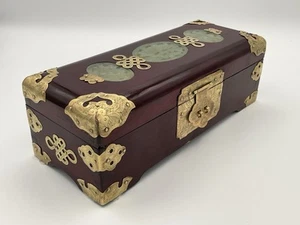 Chinese Red Wood Jewelry Box w White Jade, Ornate Brass, Silk Lined - As Is - Picture 1 of 20