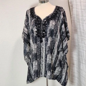 Chico's Poncho Oberteil Damen S/M schwarz weiß Perlen verziert V-Ausschnitt Boho Kaftan - Bild 1 von 15