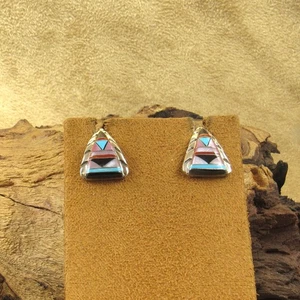 Vintage Sterling Silver Multi-Stone Inlay Earrings - Picture 1 of 4