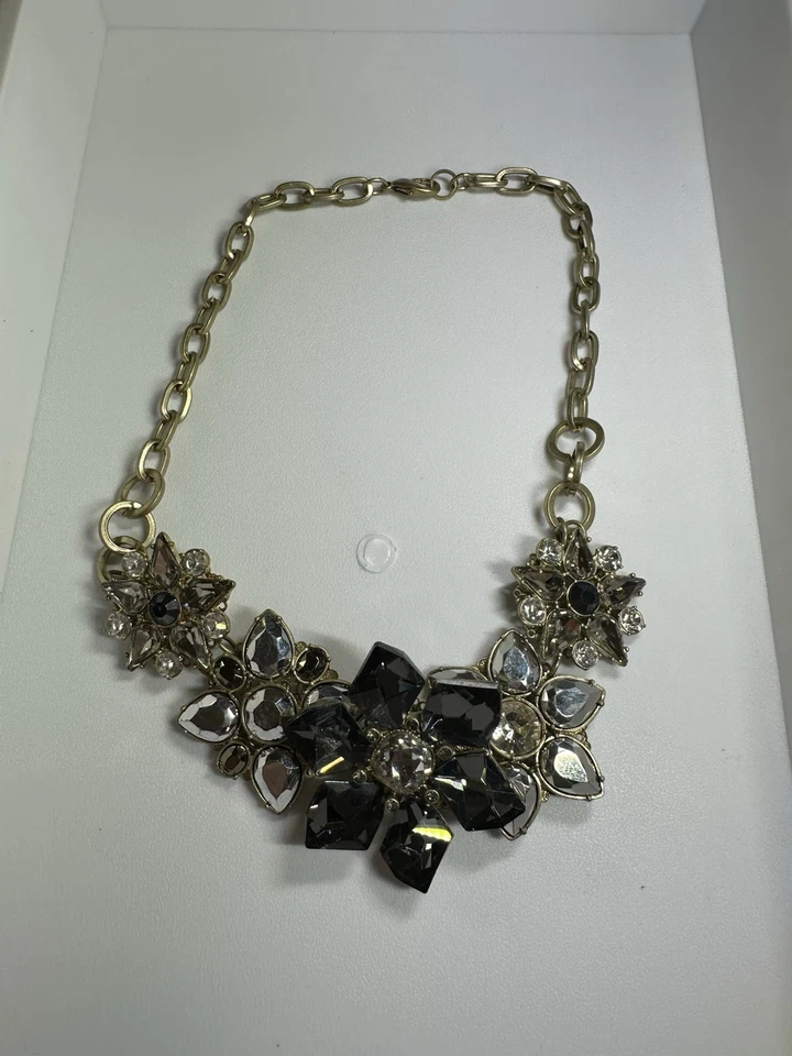 16" Anthropologie Statement Crystal Rhinestone GoldTone Necklace Grey Dark Gray - Image 1 of 4
