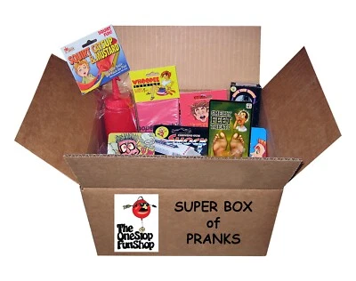 THE ONE STOP FUN SHOP SUPER BOX OF PRANKS - Hand Buzzer Whoopee Cushion Itch Powder Jokes Gags Fun