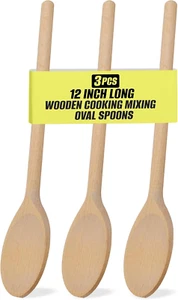 3PCS 12 Inch Long Wooden Spoons, Long Handle Wooden Cooking Mixing Oval Spoons B - Picture 1 of 12