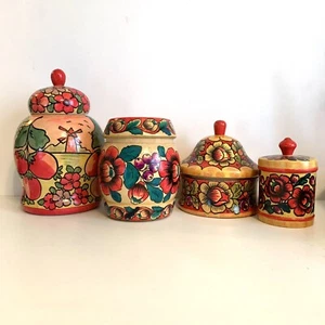 VTG Lot Russian USSR Wooden Folk Art Vase Canister Jar Lids Painted Marked READ - Picture 1 of 22