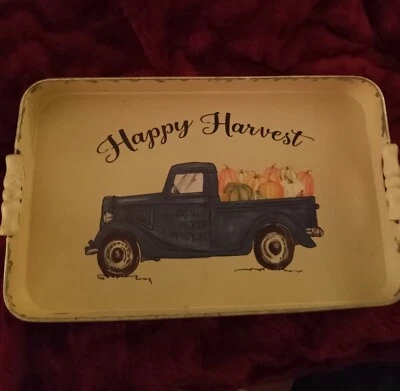 Happy Harvest Farmhouse Teal Rustic Truck Tin Serving Tray Filled With Pumpkins - Image 1 of 4