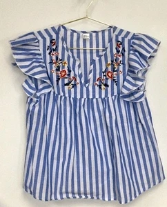 Womens Blue White Striped Floral Embroidered Ruffle Sleeve Peplum Blouse Small - Picture 1 of 7