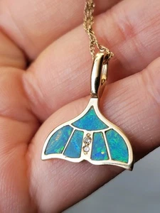 VINTAGE 14K GELBGOLD OPAL INLAY DIAMANT AKZENTE WALSCHWANZ ANHÄNGER - Bild 1 von 6