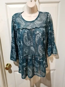 Blusa verde transparente Ava & Grace con estampado de cachemira blanca mangas 3/4 talla pequeña - Imagen 1 de 7