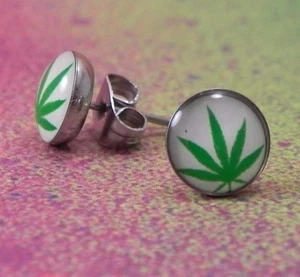 Marijuana Pot Leaf Stainless Steel Stud Earrings Jewelry Mens Green White 420 - Picture 1 of 5