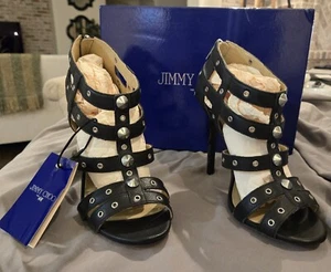 Jimmy Choo Black Leather Studded silver Hardware Stiletto Heels Size 8 US 39 EUR - Picture 1 of 9