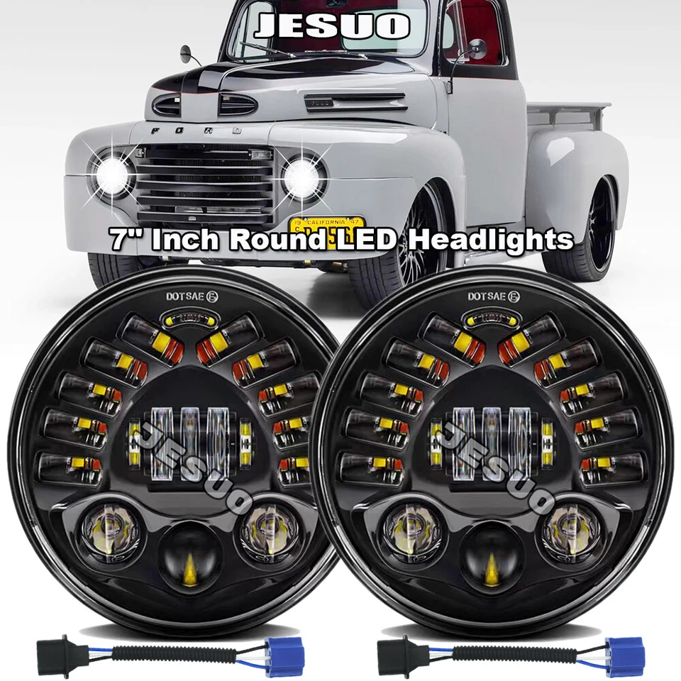 Pair 7" Inch Round LED Headlights DRL for Ford F1 1948 1949 1950 1951 1952 - Image 1 of 4