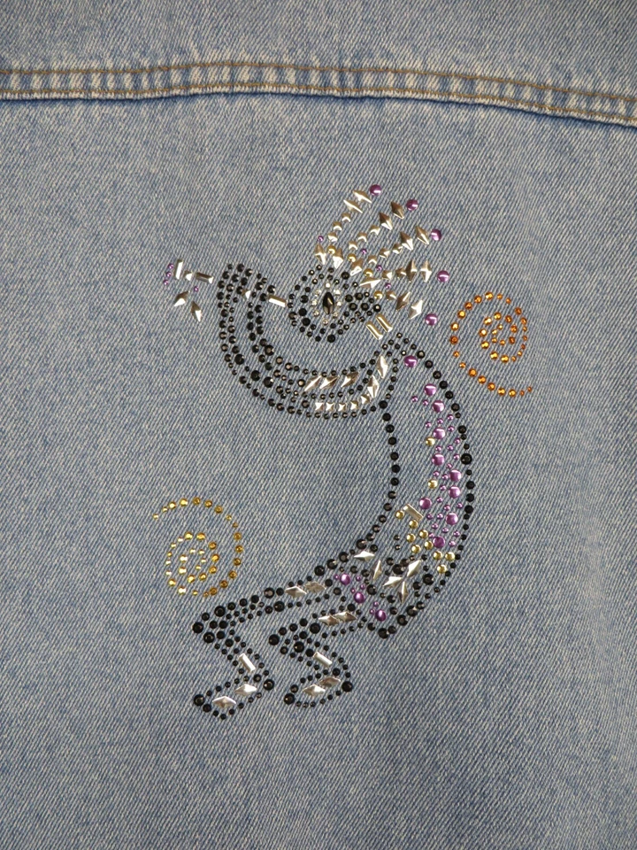 复古美国牛仔夹克 Kokopelli 水钻 Lg 西南 Y2K 闪亮 Jean Native 90 年代 — 第 1/4 张图片