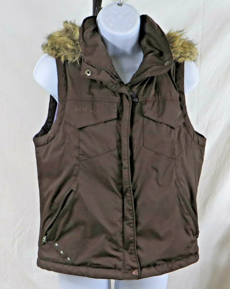 Chaleco acolchado Columbia Sportswear para mujer capucha a presión piel sintética marrón talla mediana Foto 1 de 4