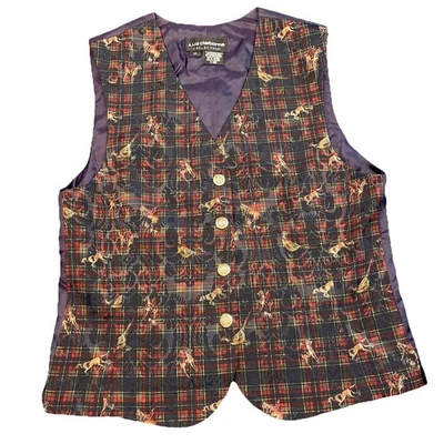 VTG 90’s LIZ CLAIBORNE Sz 10 Navy Plaid Horse Hound Pheasant Hunt Button Vest - Image 1 of 4