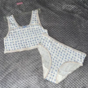Vintage 90s Girls Kids 2 Pc Crop Top & Panty Set Sz L Cotton Cream Blue Flowers - Picture 1 of 9