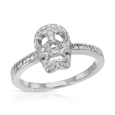 Sterling Silver 925 Skull Head CZ Ring Shiny Bikers Silver Jewelry for Women R71 - Image 1 of 4