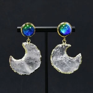 Clear Crystal Quartz Rough Raw Crescent Moon With Gold Trim Charm Blue Murano - Picture 1 of 8