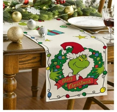 The Grinch Stole Christmas Burlap Table Runner 12" X 72" White Green Holiday New - Image 1 of 2