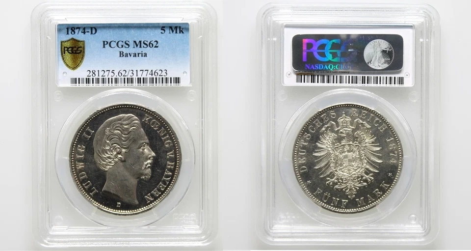 Rare 1874 Germany Bavaria Large Silver Prooflike 5 Mark PCGS MS 62 - Image 1 of 1