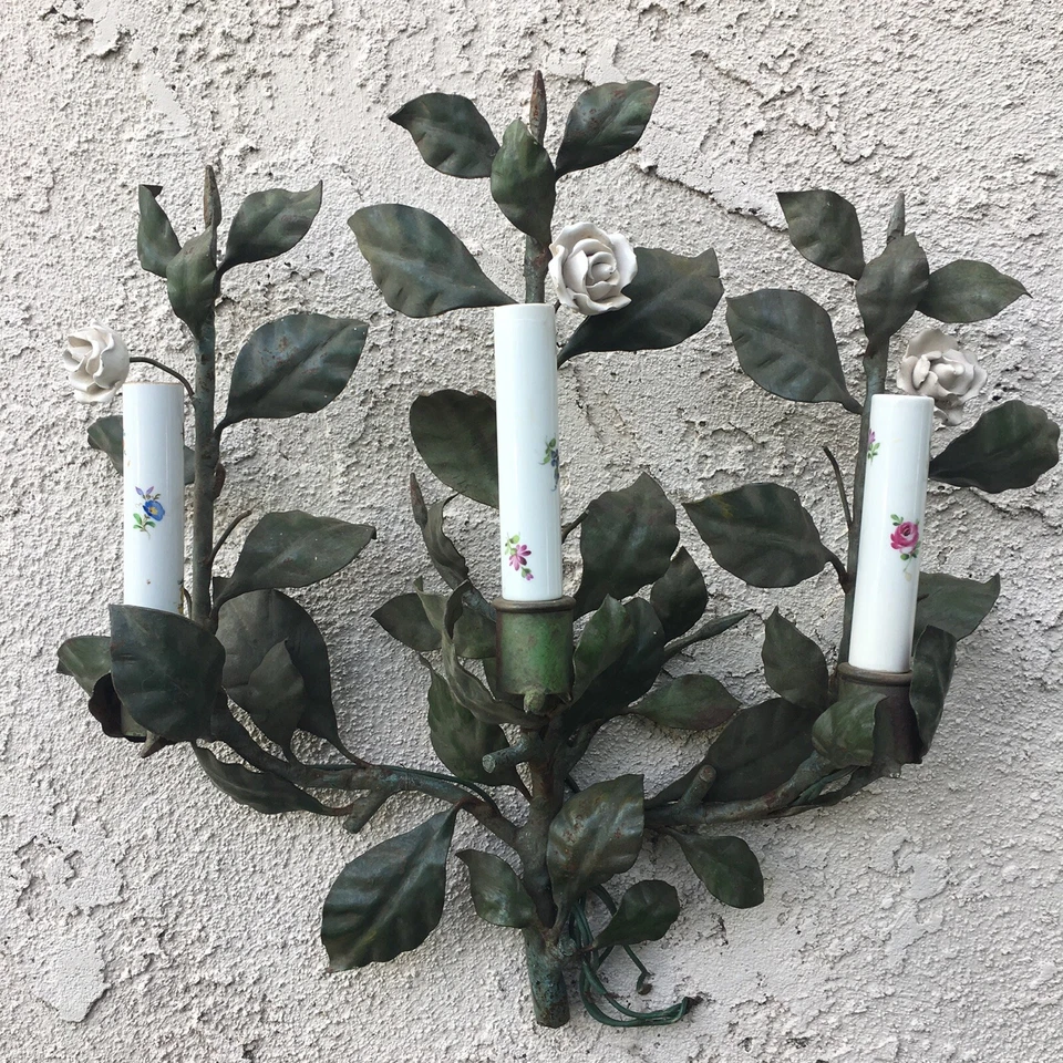 ANTIGUO APLIQUE DE PARED FRANCÉS TOLE Y PORCELANA Foto 1 de 4