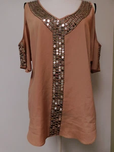Moda International Embellished Cold Shoulder Brown Top Small - Picture 1 of 7