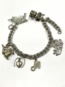 VINTAGE 1961 STERLING SILVER CHARM BRACELET 7.5" LUCKY HORSESHOE WISHING WELL - Picture 1 of 7