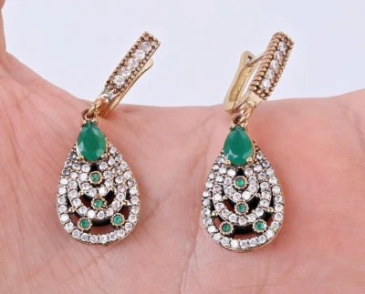 2CT Round Cut Lab-Created Green Diamond Bronze Earrings 14k Yellow Gold Plated - Image 1 of 4