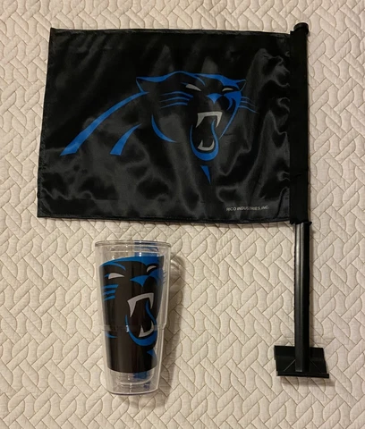 Carolina Panthers NFL Fan Lot - Auto Car Flag and Large Tervis Tumbler Cup Cover