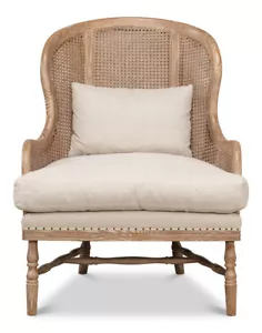 Antiqued Distressed Oak Accent Wing Chair Natural Linen & Cane-38''H - Picture 1 of 9