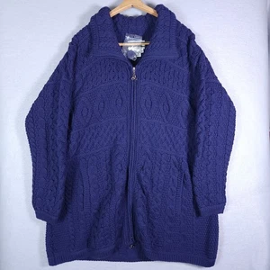 Aran Crafts Sweater Top Womens 2XL Blue Long Full Zip 100% Wool Ireland Knit - Picture 1 of 6