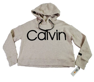 Calvin Klein Performance Hoodie Women Small Beige Black Letters Cropped Oversize - Image 1 of 4