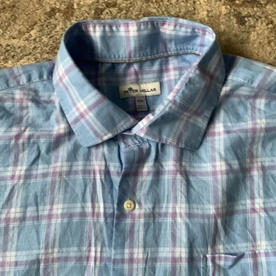 Peter Millar plaid blue pink button down dress shirt size XXL cotton pocket - Image 1 of 4