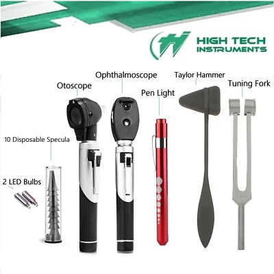 HTI BRAND Otoscope Ophthalmoscope Tuning Fork Percussion Reflex Hammer Diagnostic ENT Kit