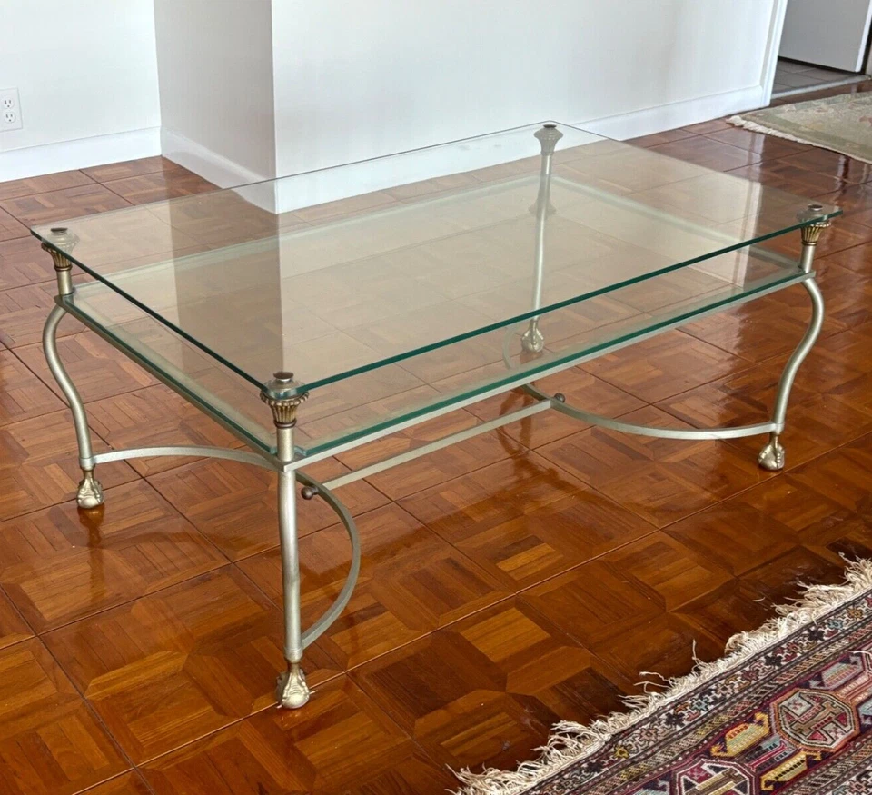 Maison Jansen Style Brass Brushed Steel & Glass Ball and Claw Foot Coffee Table - Image 1 of 4