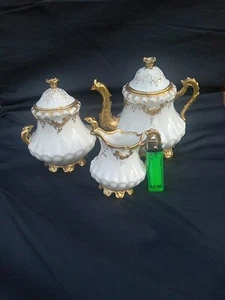 Ant. B&H Limoges Teeservice Teekanne Zuckerdose Milchkännchen Serpant Ausguss Gold Encruste - Bild 1 von 13