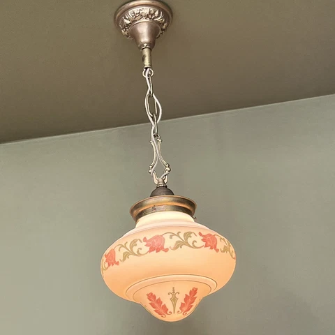 Vintage Antique 1920’s Schoolhouse Style Painted Glass Pendant - Restored! Cover