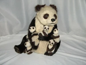 Vintage Real Fur Mother Panda Bear & 5 Cubs 9" Figurine 2 Cubs Bobble Heads RARE - Picture 1 of 9