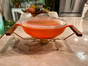 MCM Peach Glasbake 1Qt Covered Casserole J2274-75 & Warming Stand - Picture 1 of 15
