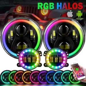 7'' LED RGB Halo Headlights 4'' Fog Lights Combo Kit for Jeep Wrangler JK APP - Bild 1 von 16