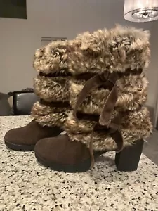 BEARPAW Boots Bridget 9" shaft Suede & Fur Rubber Heel Chocolate SIZE 11 Used - Picture 1 of 23