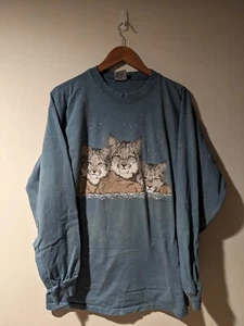 Vintage 1993 Lynx Cat Animal Nature Wildlife Large Long-Sleeve T-Shirt - Picture 1 of 13