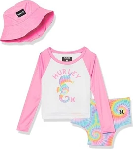 Hurley Girls' Long Sleeve Rash Guard and Hat 3-Piece Swimsuit Set, Pink 2T - Picture 1 of 4