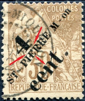 COLONIES SAINT-PIERRE-et-MIQUELON N° 43b Oblitéré Variété "SURCH IMPRIMÉE EN 2X" - Photo 1/2