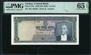 Turchia 1930 (1965) 5 Lire P174a, PMG 65 EPQ GEM UNC - Foto 1 di 2
