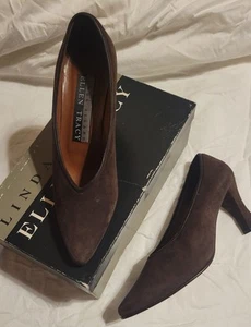 Ellen Tracy Black Leather Suede Pumps 8.5 M Heels Pointed Toe Lind Allard Italy - Picture 1 of 5