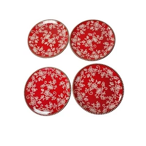 TEMPTATIONS By TARA Red Floral Lace White 8" Salad Plates- Set of 4 - Picture 1 of 6