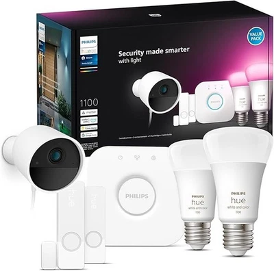 Kit de inicio seguro Philips Hue con puente/cámara con cable/sensor/bombillas A19 de 75 W Foto 1 de 4